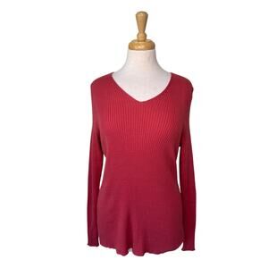 PERUVIAN CONNECTION Ribbed V Neck Long Sleeve Sweater Red Size XL
